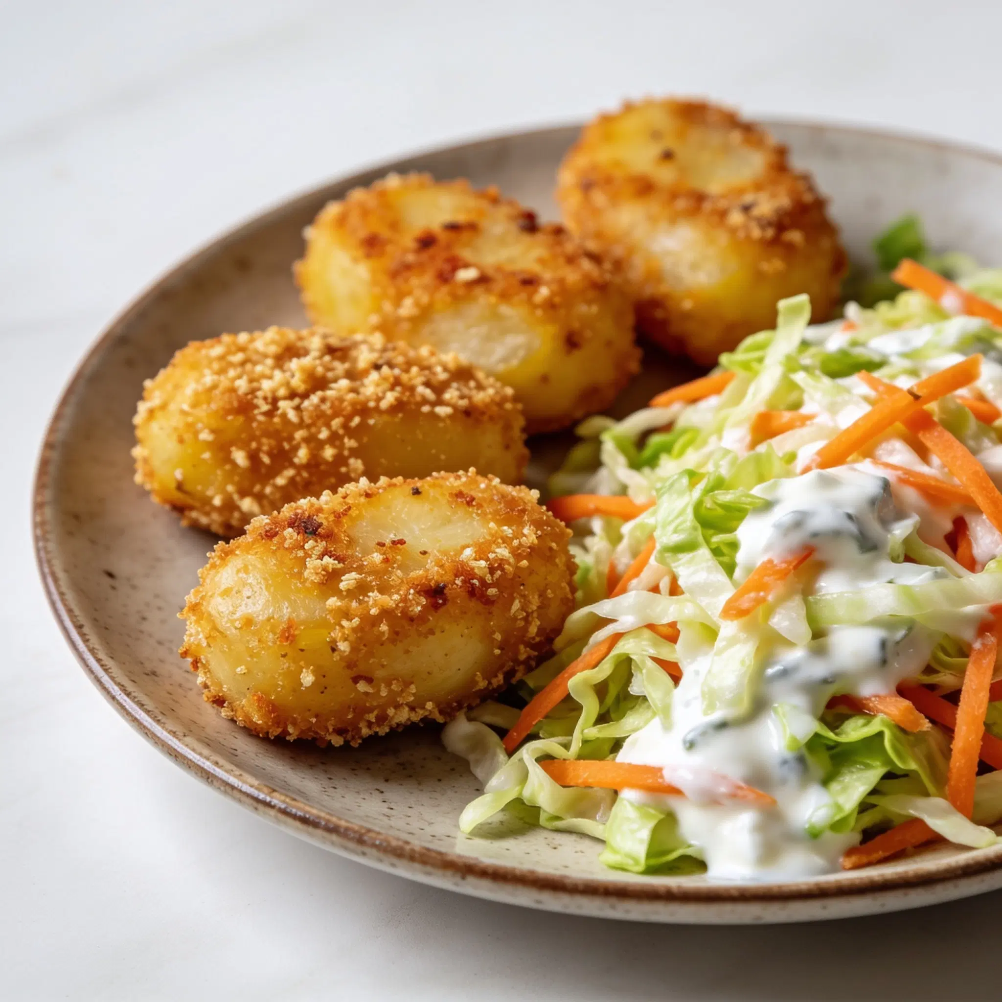 Paluszki panko z pieczonymi łódeczkami i colesławem