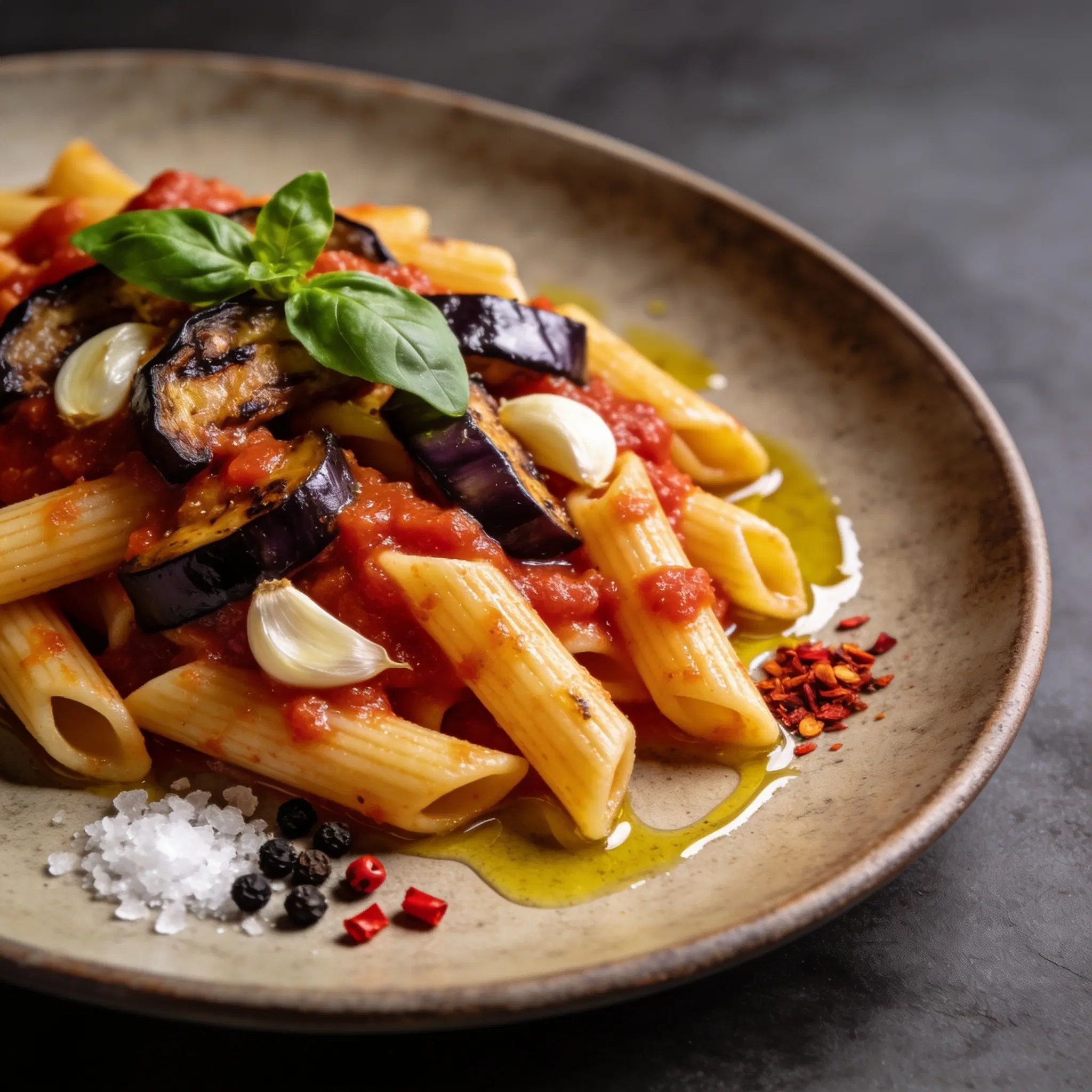 Penne z rumianym bakłażanem i sosem pomidorowym