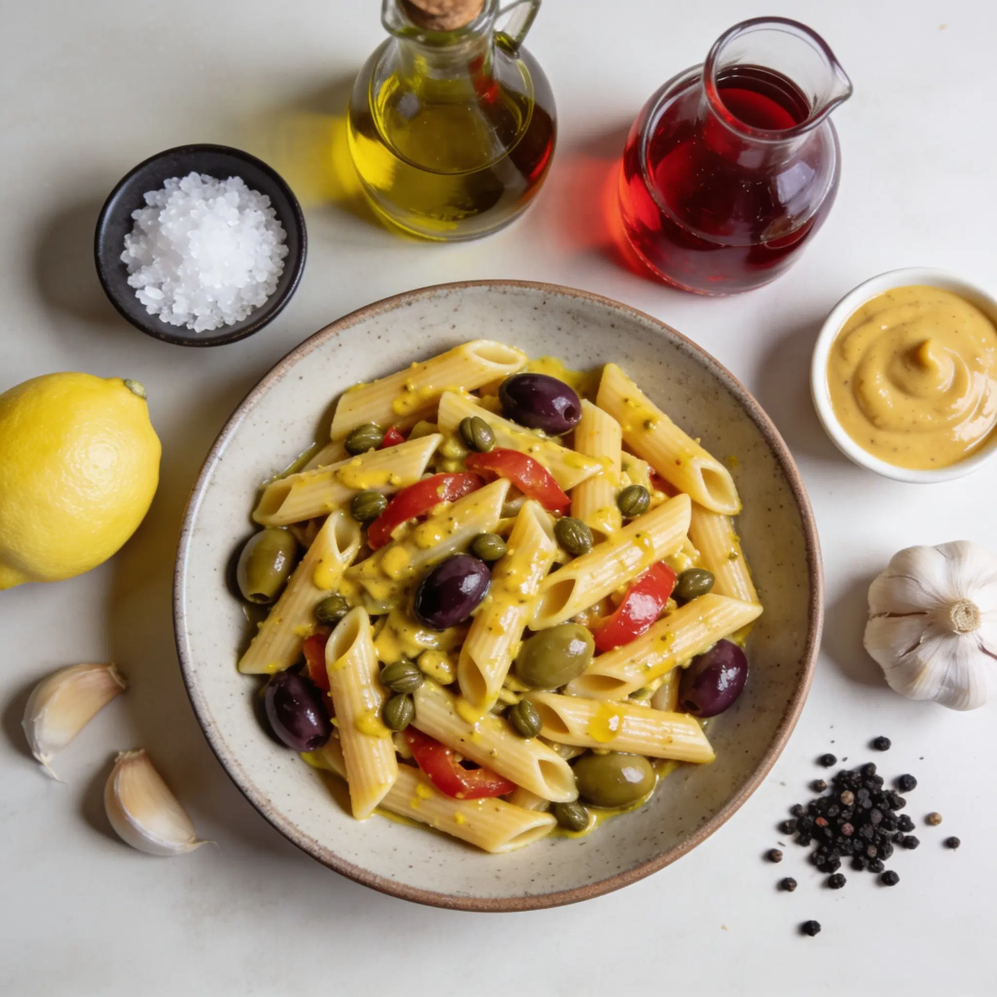 Sałatka z penne w musztardowym winegrecie z oliwkami i kaparami