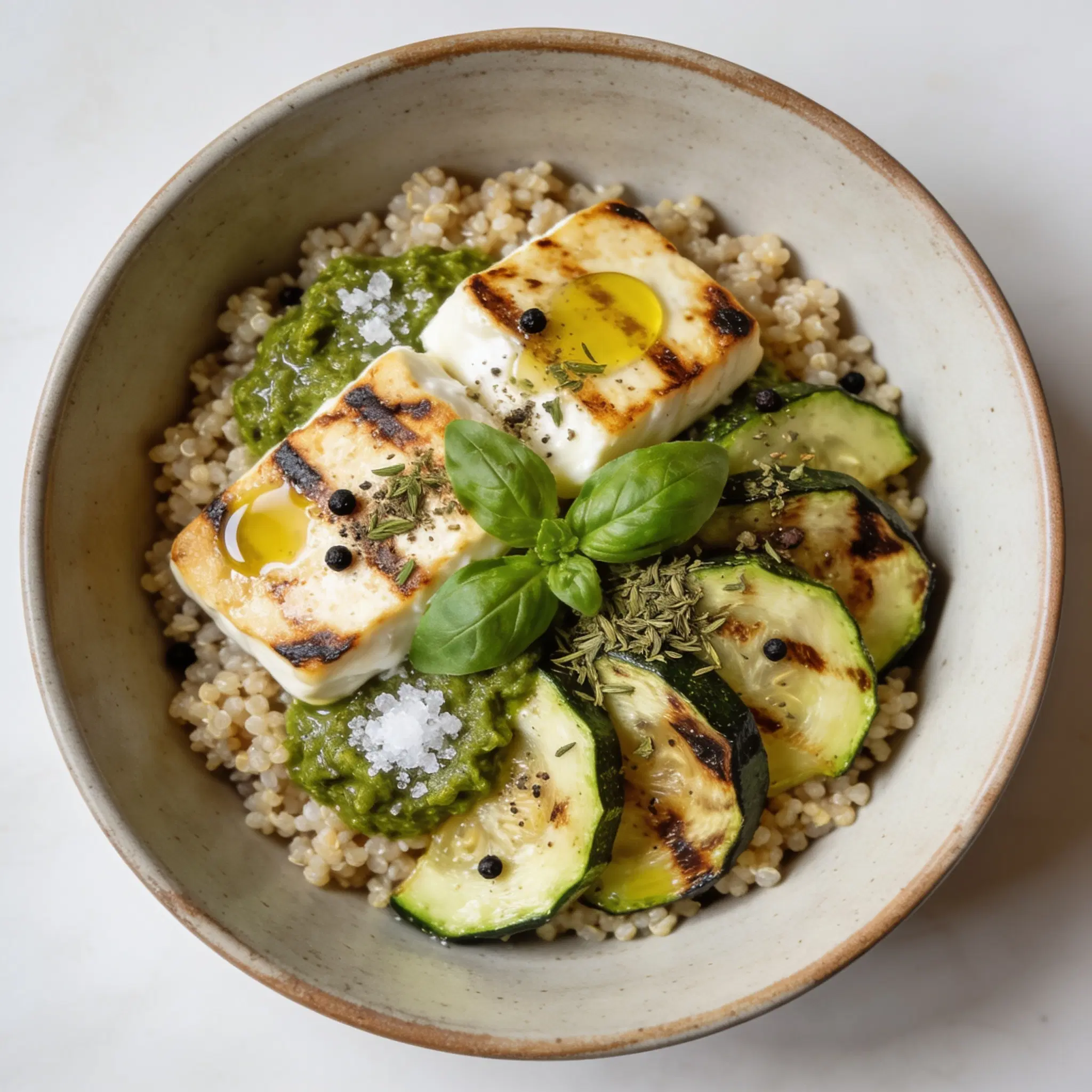 Grain bowl z grillowanym halloumi, pieczonymi warzywami i pesto bazyliowym