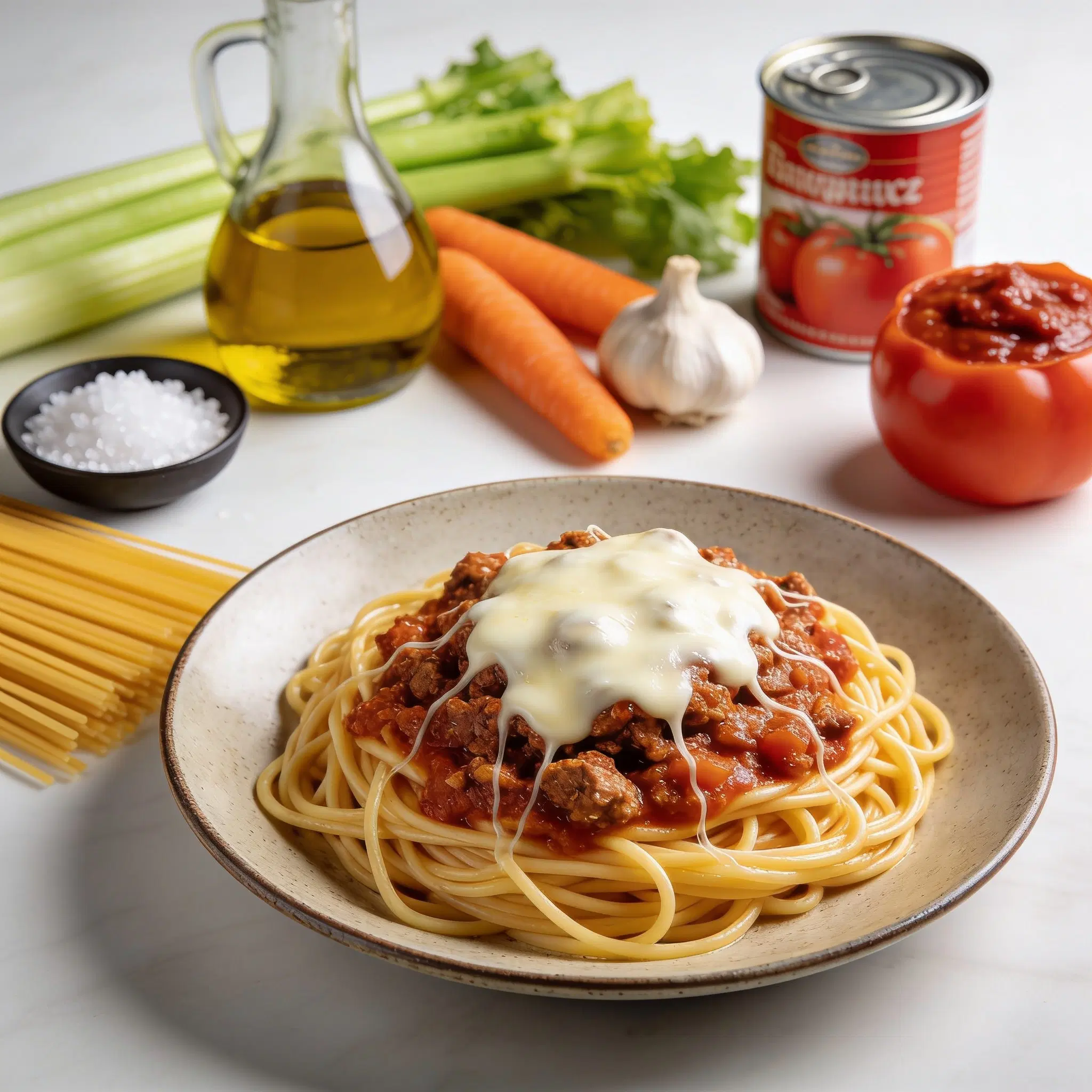 Spaghetti bolognese z ciągnącą się mozzarellą