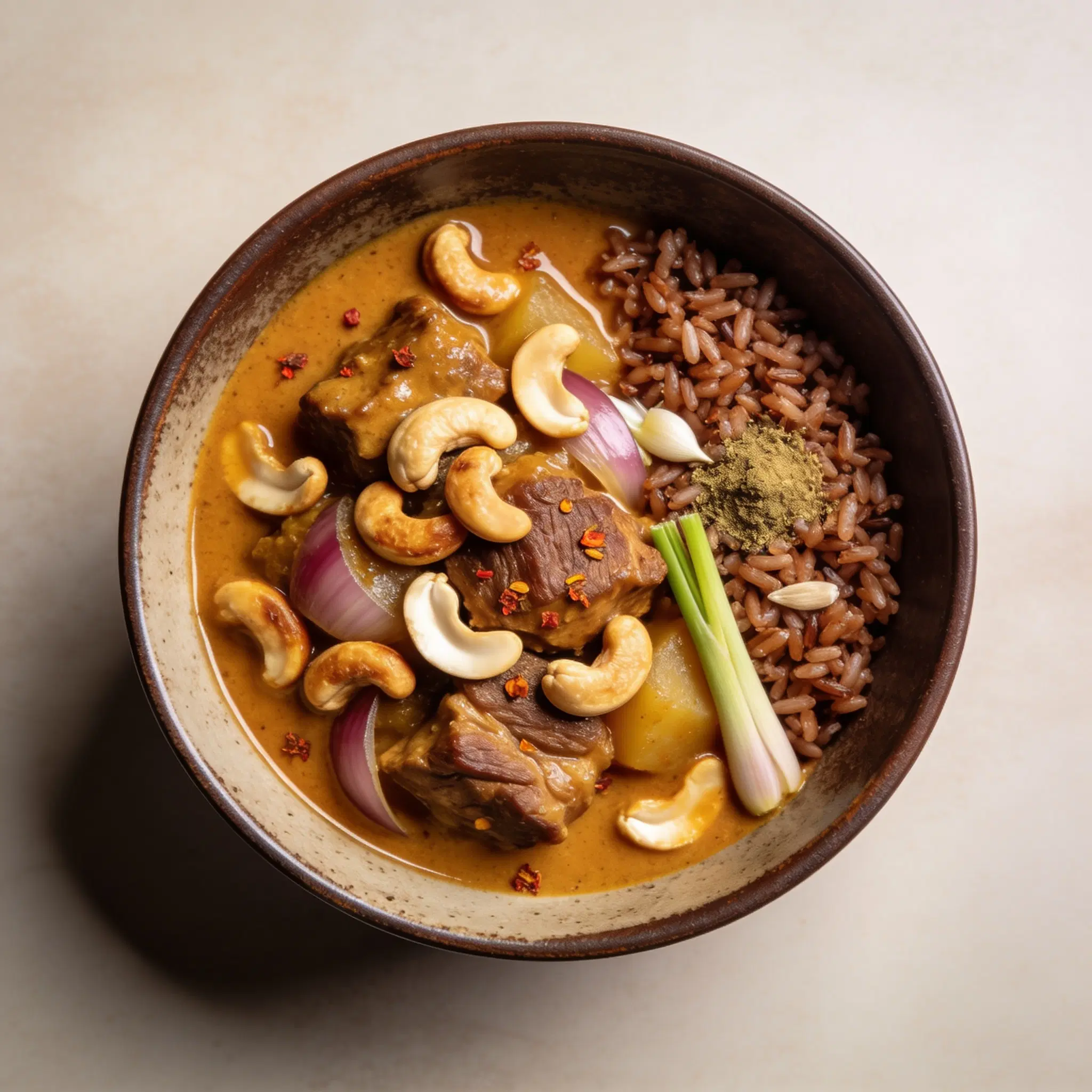 Curry massaman z prażonymi orzeszkami i brązowym ryżem