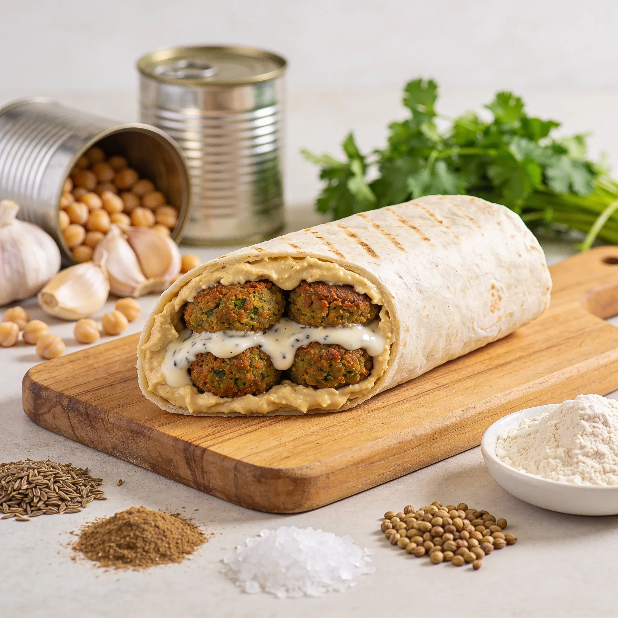 Falafel wrap z hummusem i sosem tahini