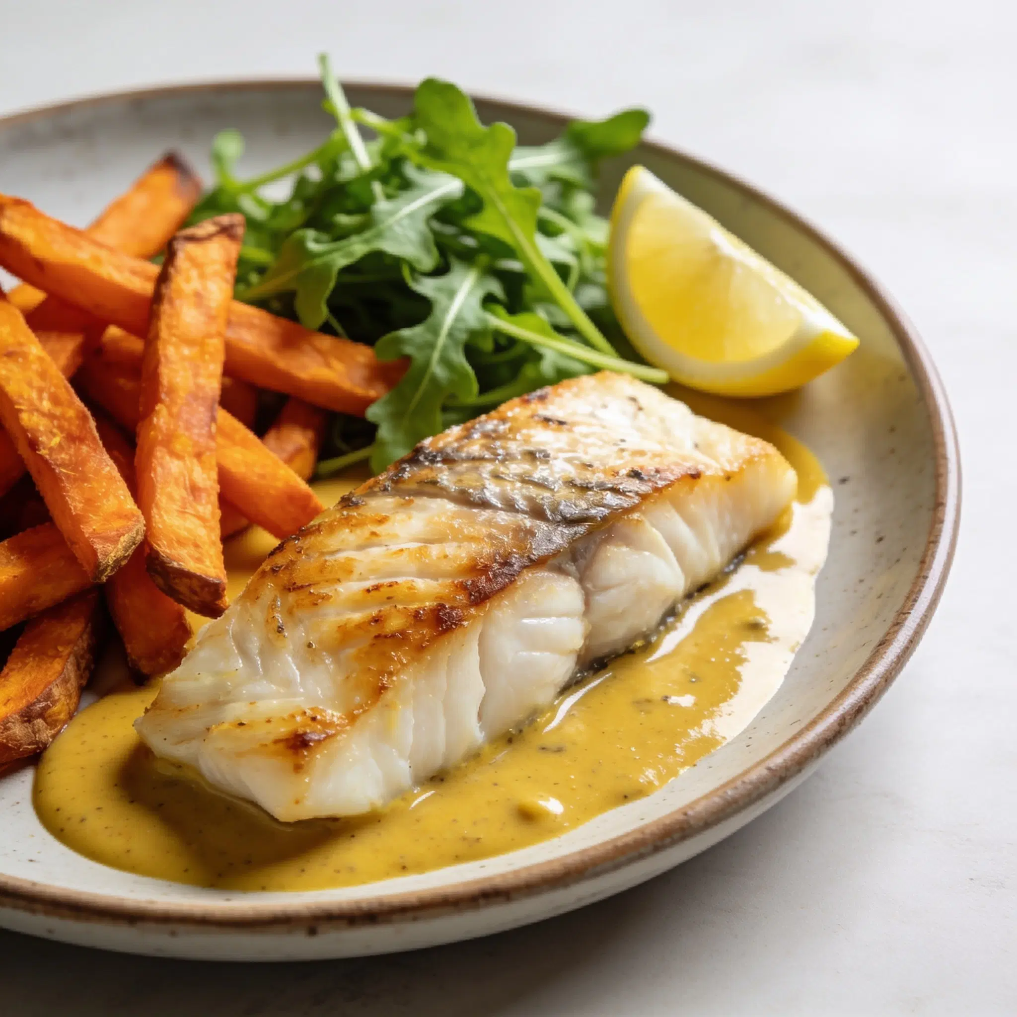 Pieczony filet w sosie musztardowym z frytkami z batatów