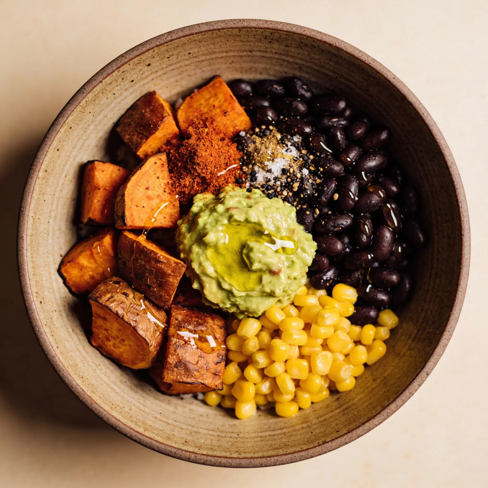 Meksykański bowl z pieczonymi batatami, czarną fasolą i guacamole