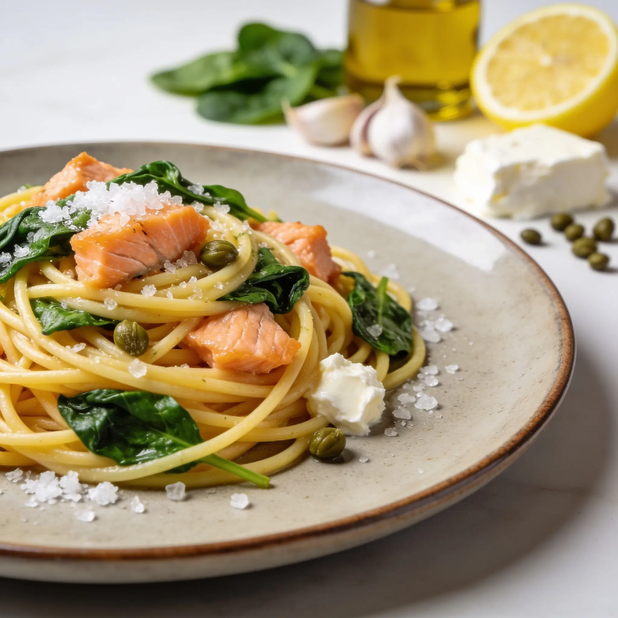 Spaghetti z wędzonym łososiem i szczypiorkiem