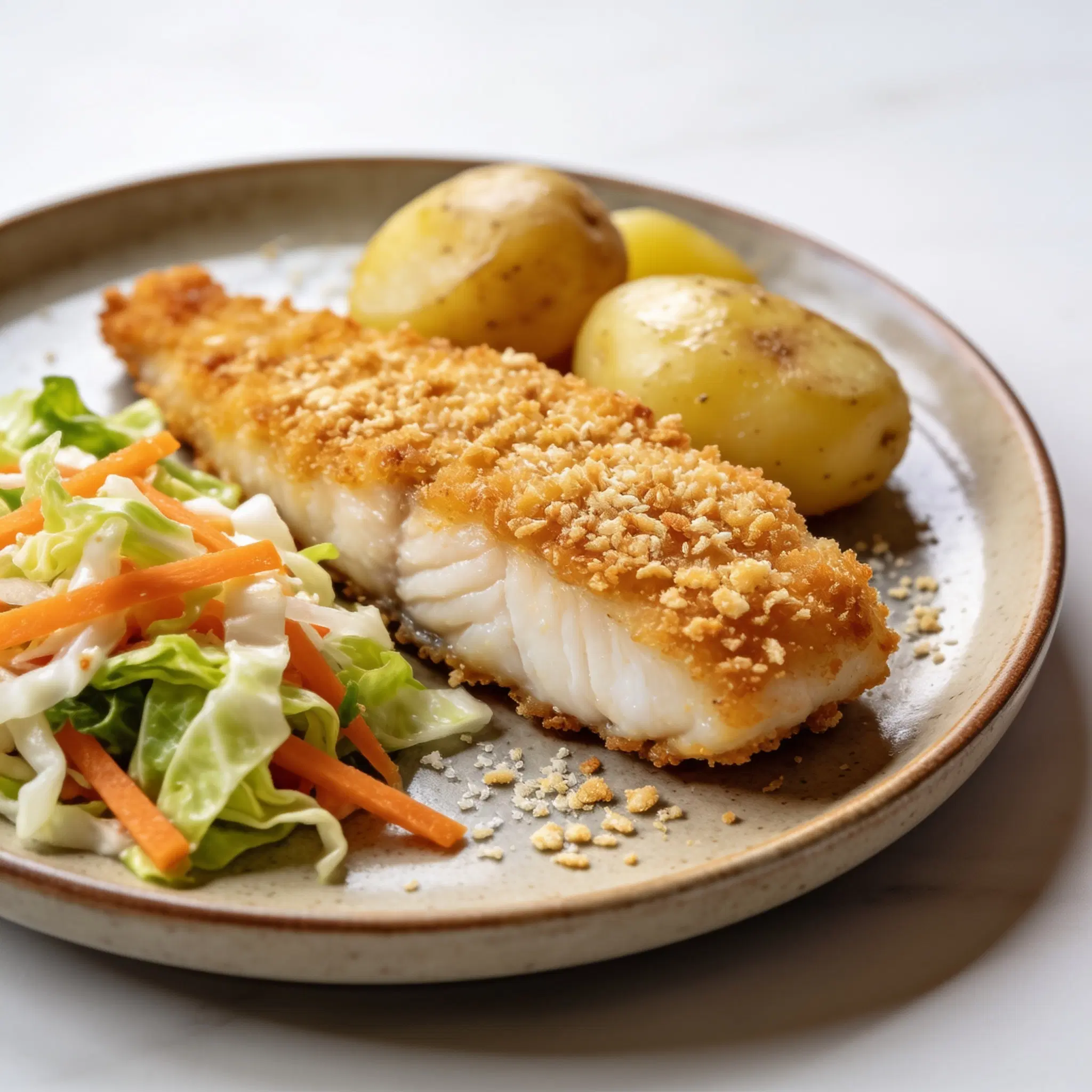 Filet w panierce panko z ziemniakami i surówką
