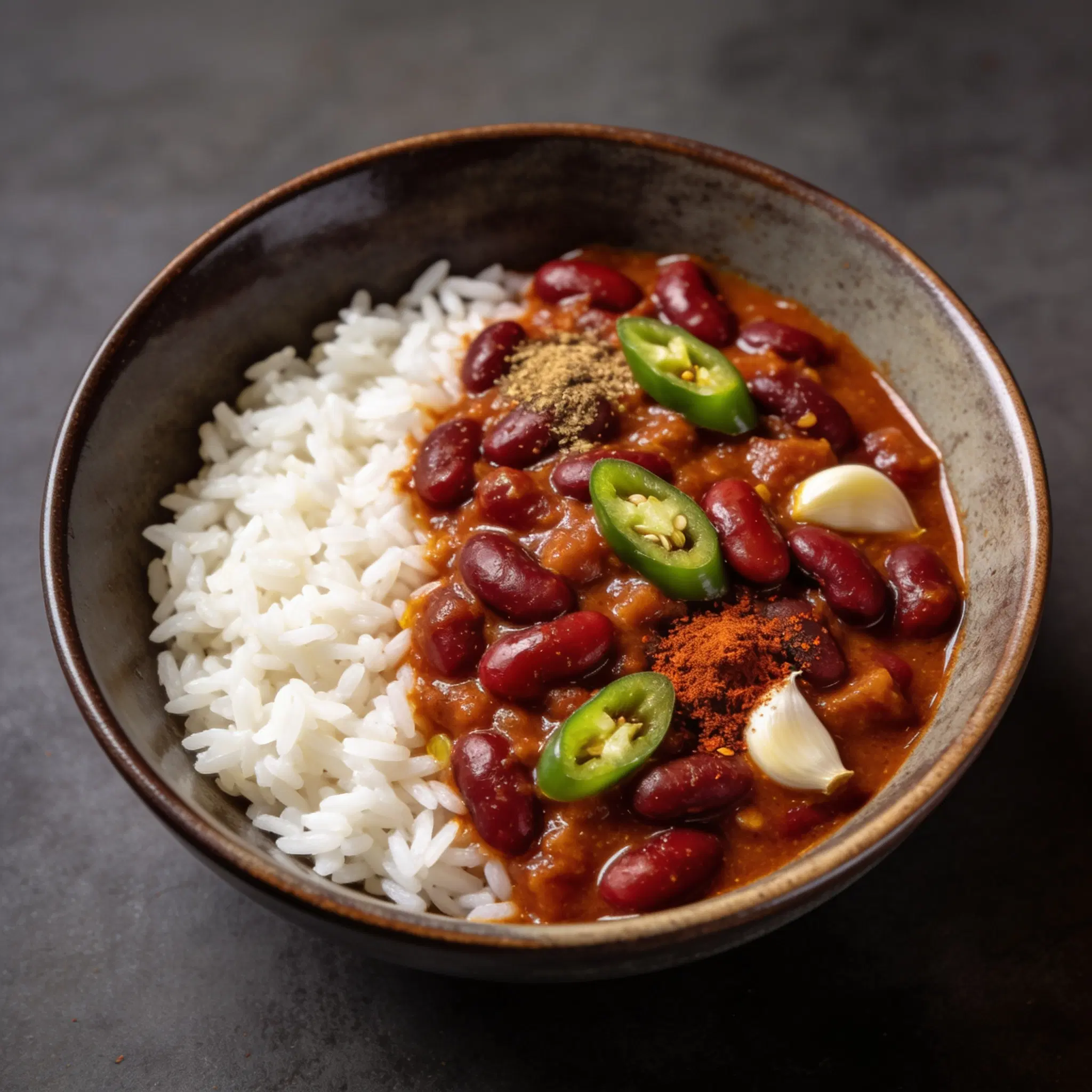 Pikantne chili z czerwonej fasoli na ryżu