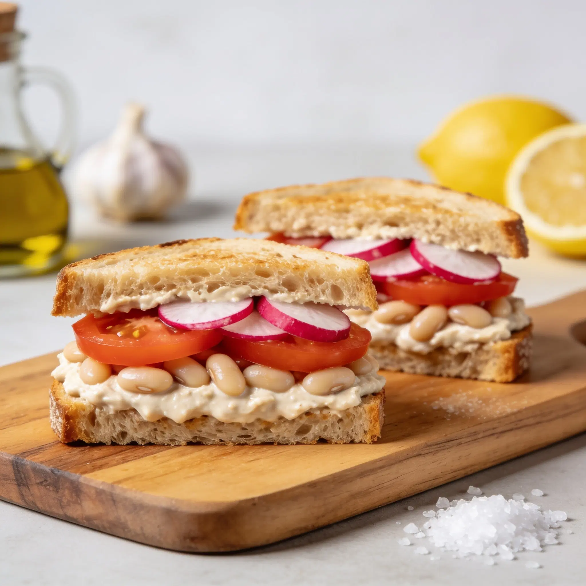 Tost z pastą z białej fasoli, pomidorem i rzodkiewką