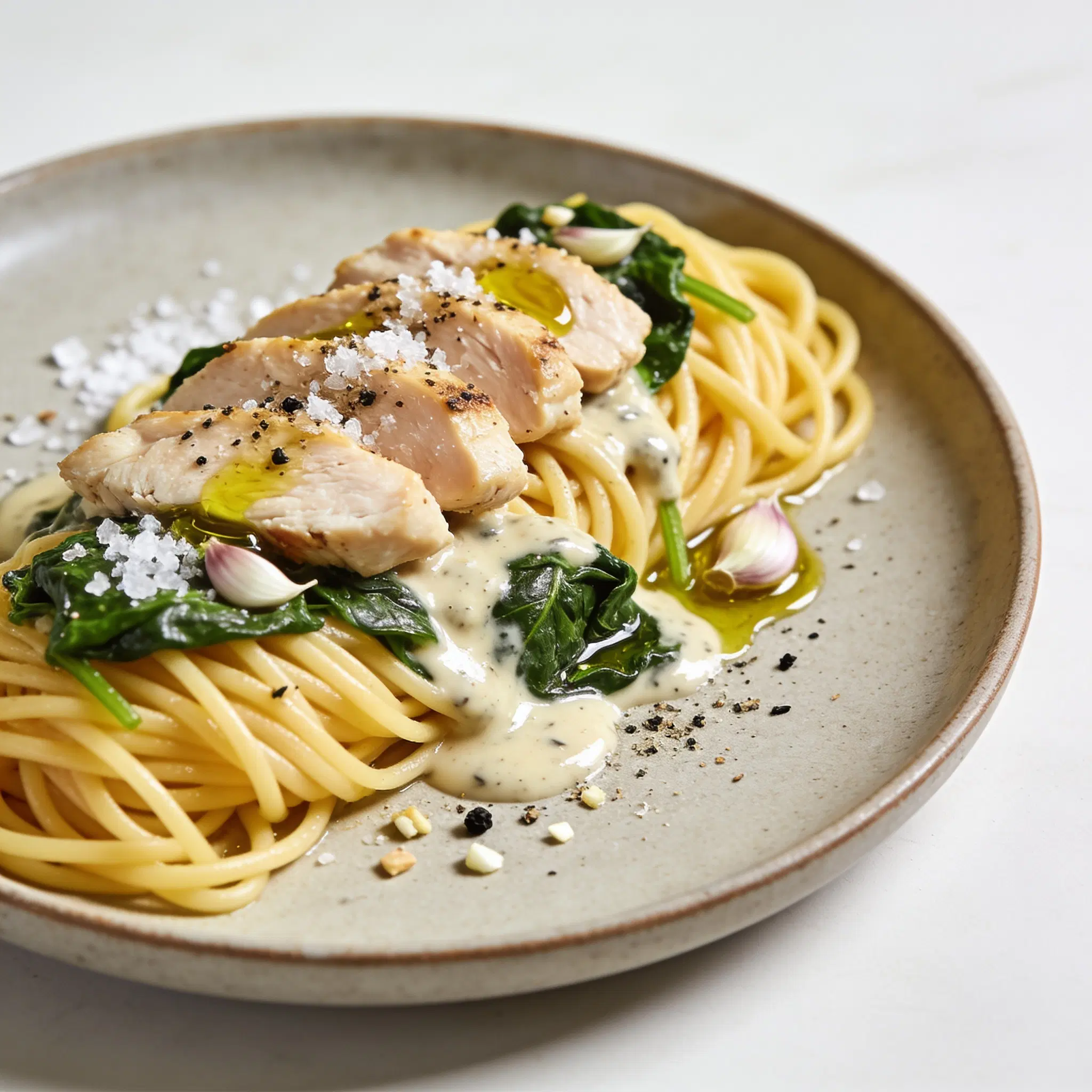 Spaghetti ze szpinakiem i sosem czosnkowym