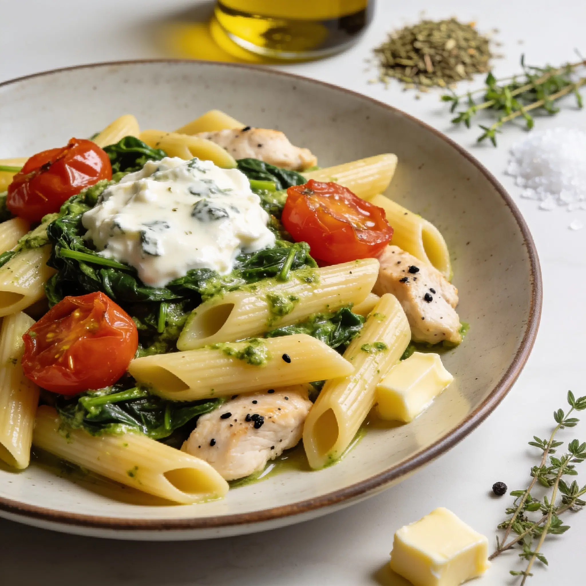 Penne w sosie szpinakowym z serem pleśniowym i pieczonymi pomidorkami