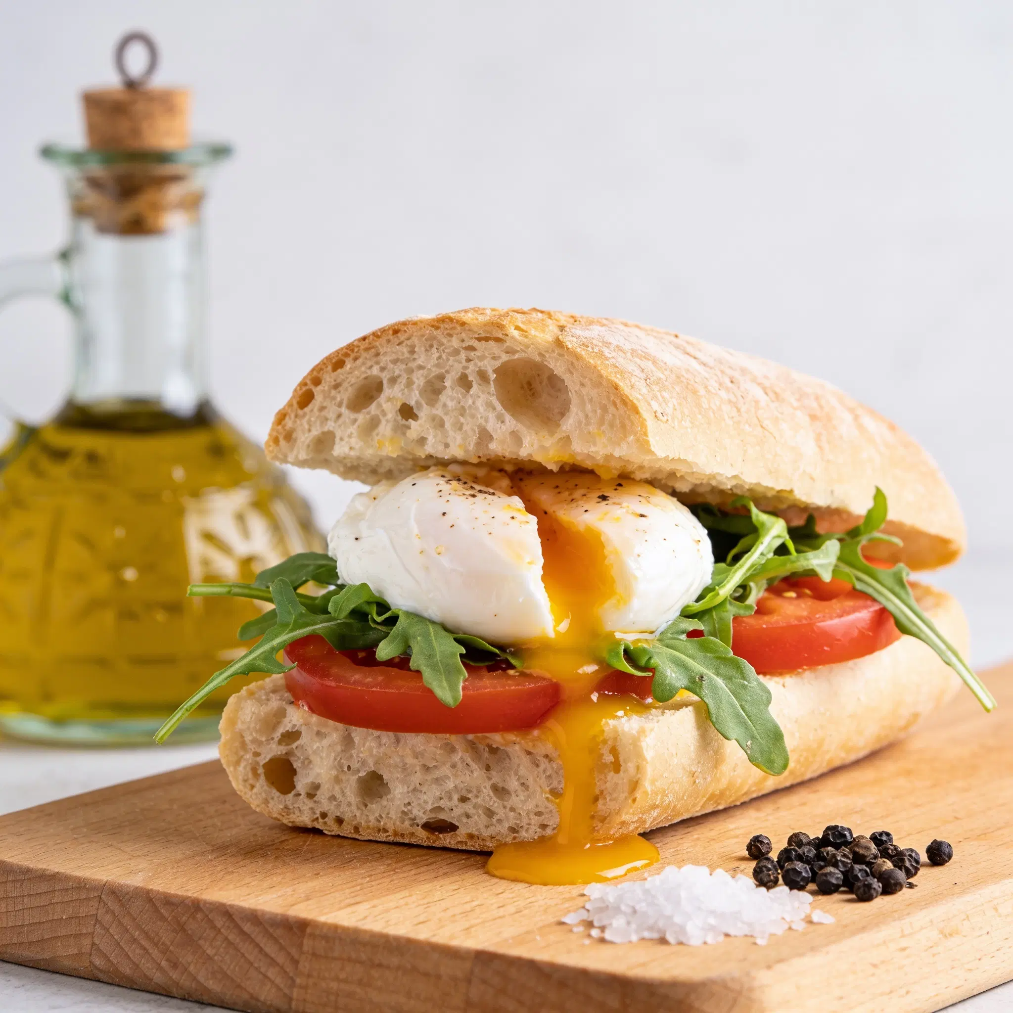 Ciabatta z jajkiem sadzonym, rukolą i pomidorem