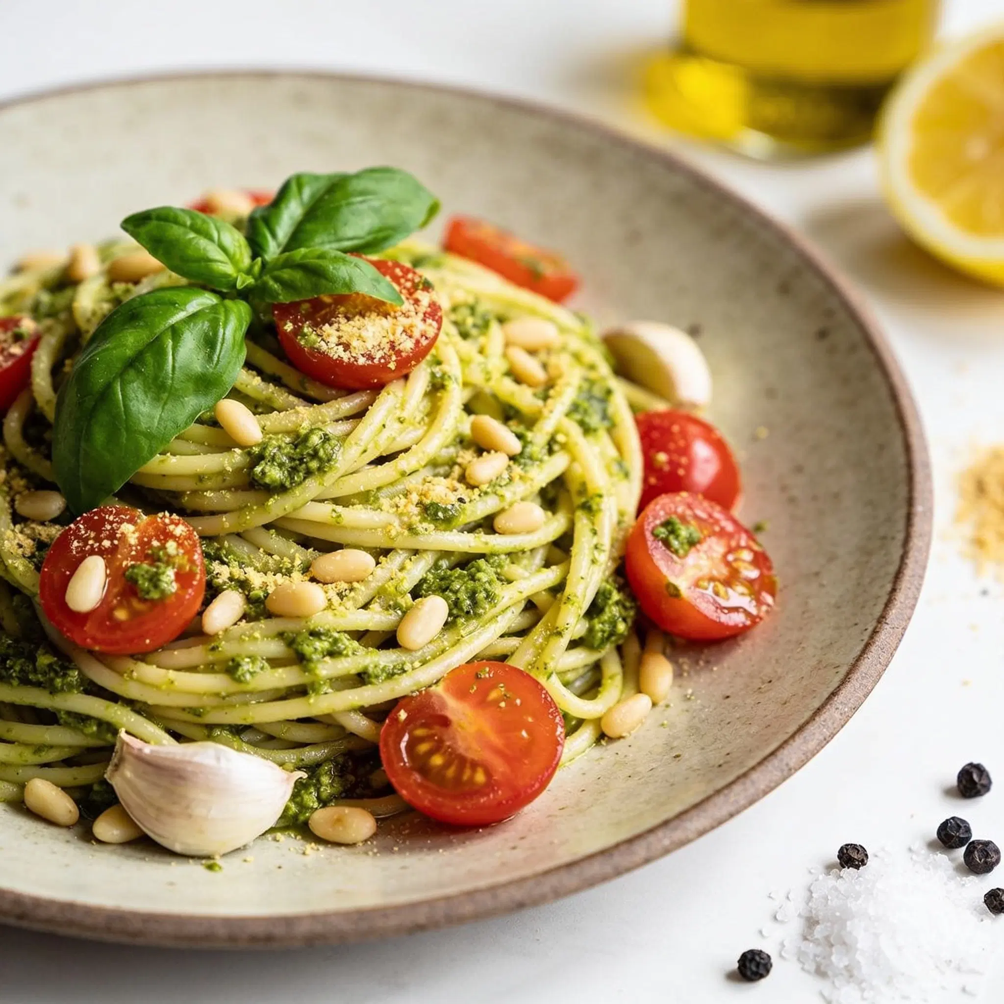 Spaghetti w pesto z rumianymi pomidorkami