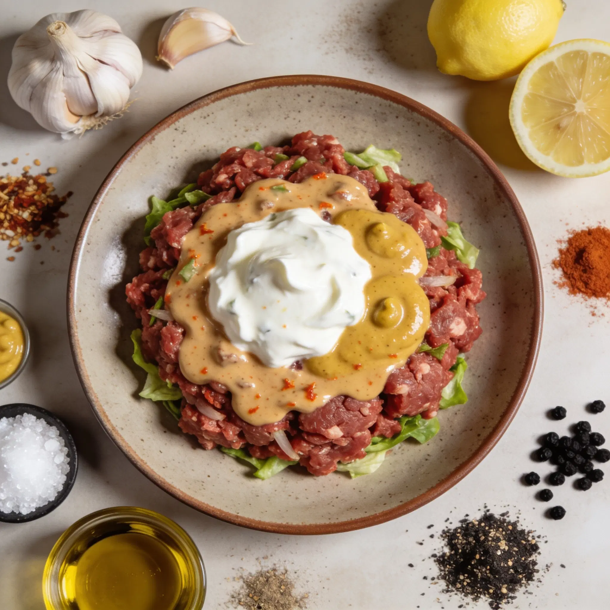 Sałatka burgerowa z pikantnym sosem czosnkowym