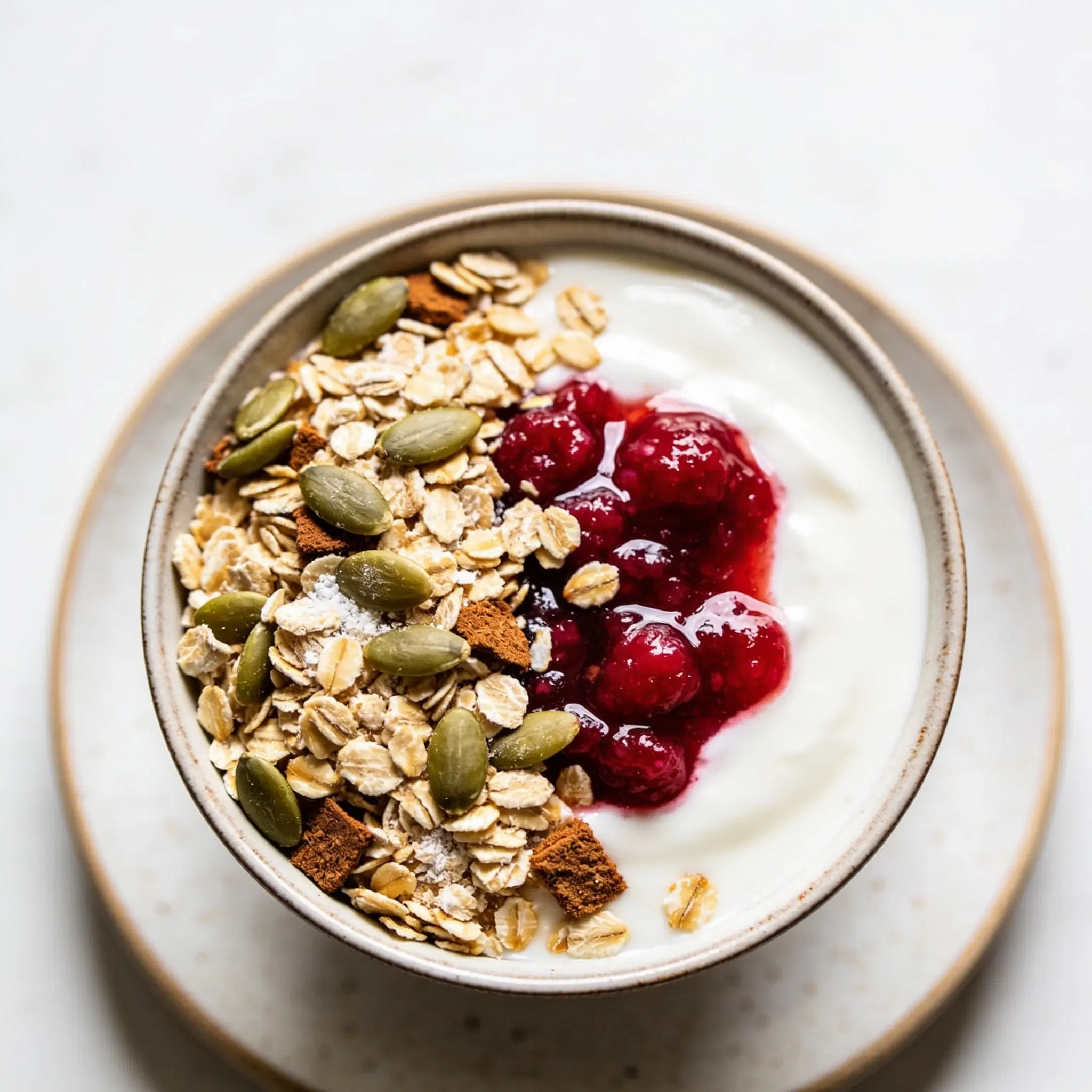 Granola z pestkami dyni na jogurcie sojowym z chutney owocowo-porzeczkowym