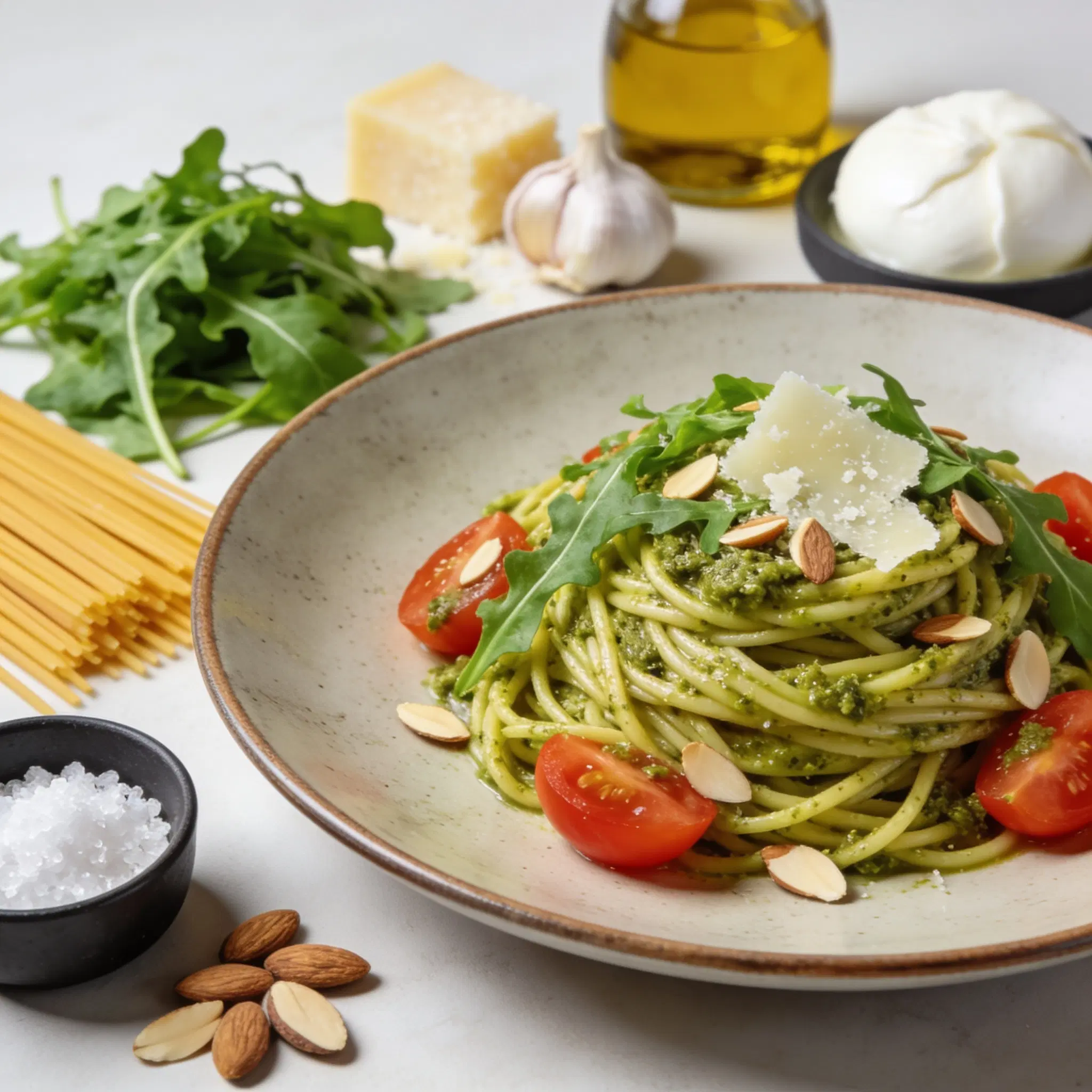 Spaghetti z pesto rukolowym i pomidorkami