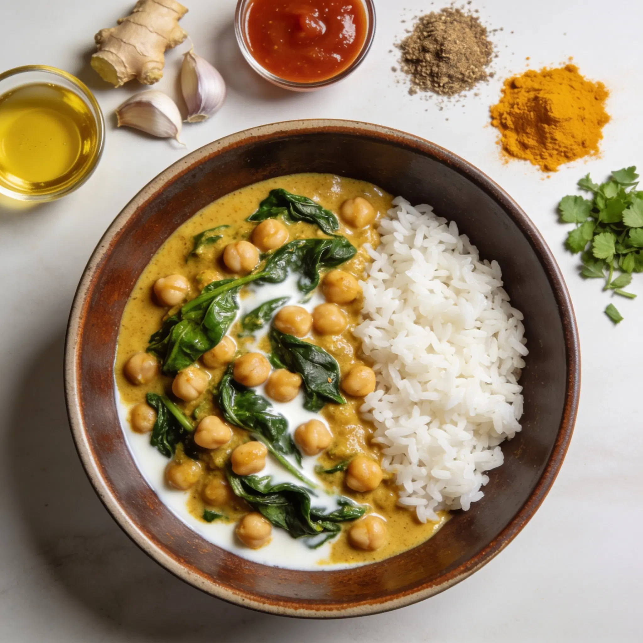 Curry z ciecierzycy i szpinaku w kokosie