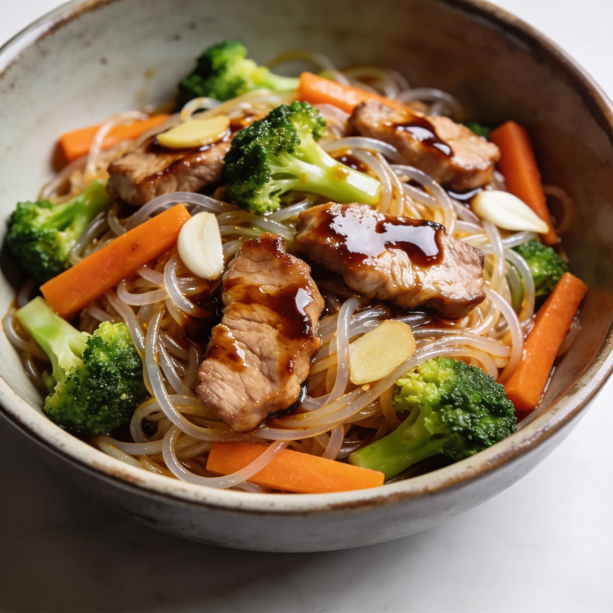 Stir-fry w glazurze teriyaki z warzywami i makaronem szklanym