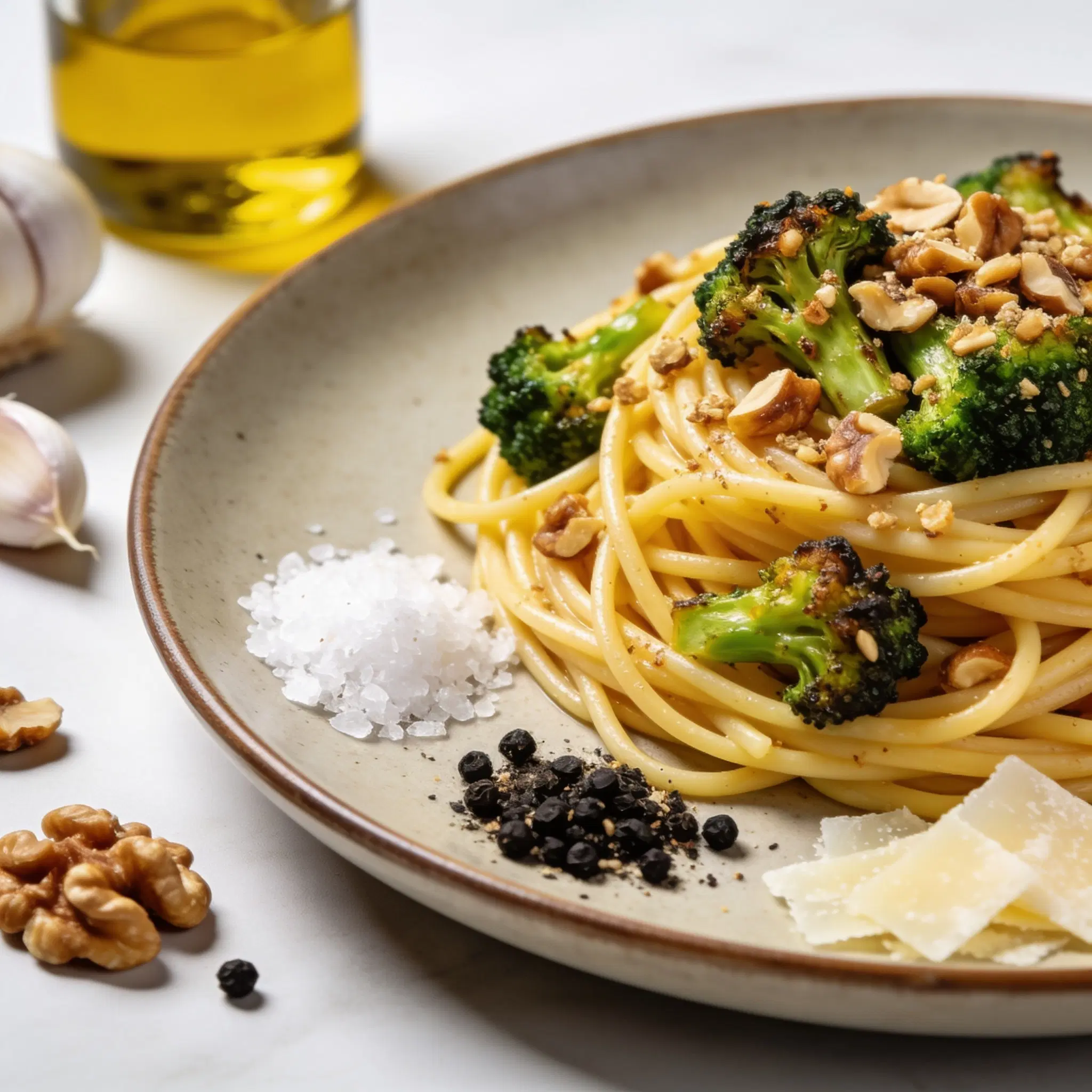 Spaghetti z pieczonym brokułem i orzechową posypką