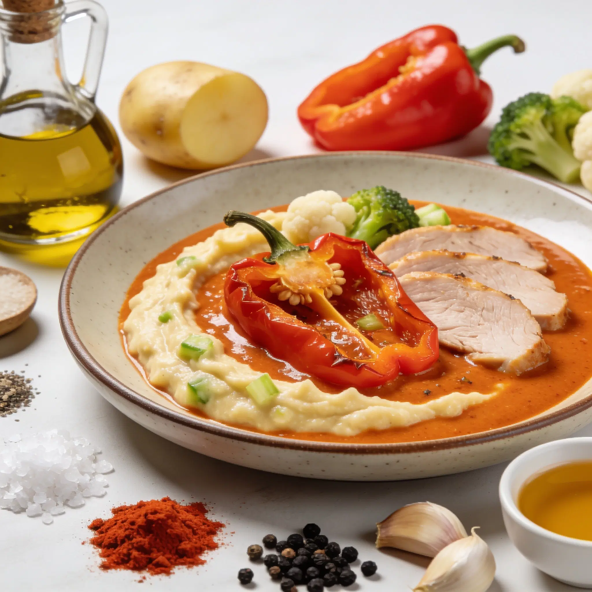 Sos z pieczonej papryki z puree i brokułem
