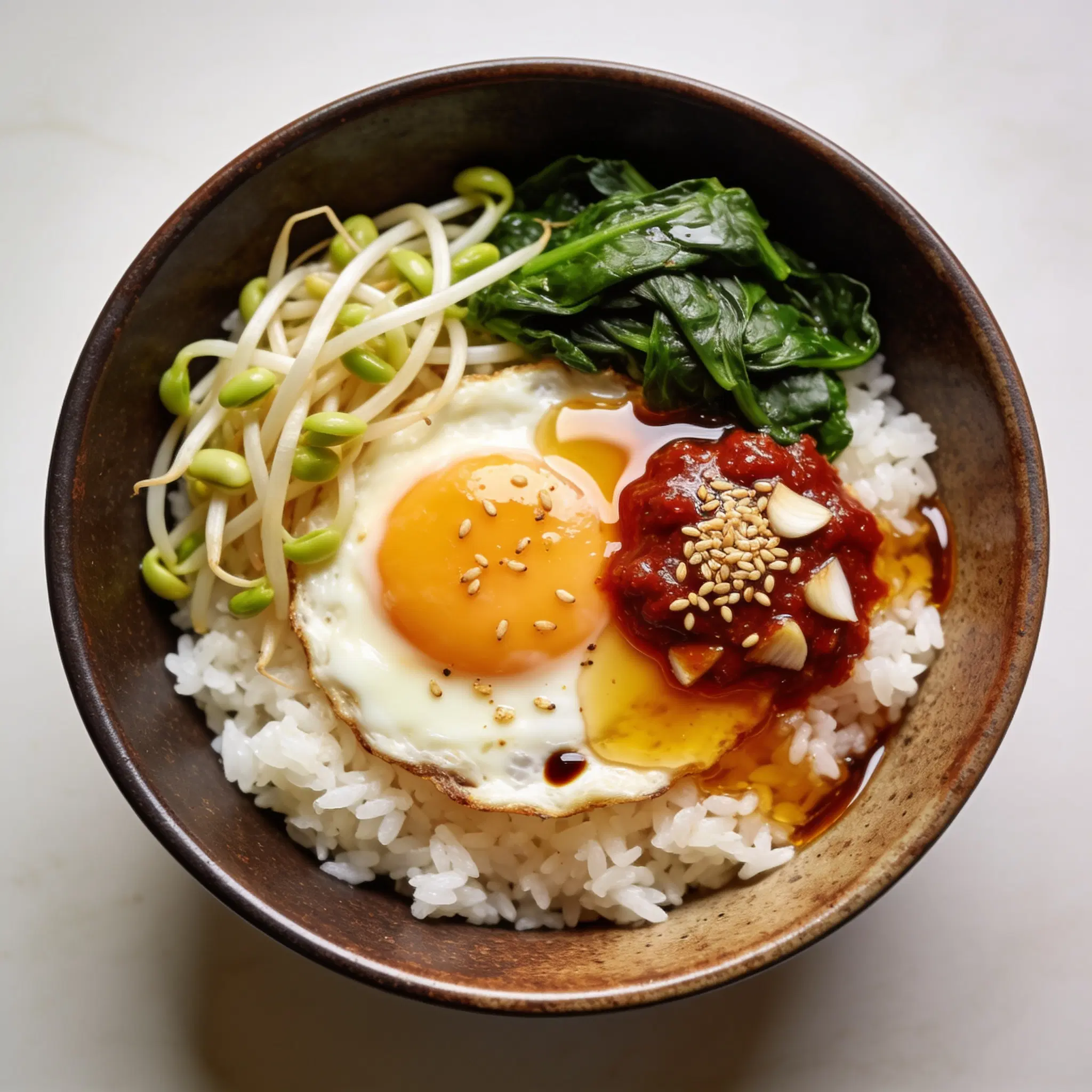 Bibimbap z jajkiem sadzonym i pikantnym sosem gochujang