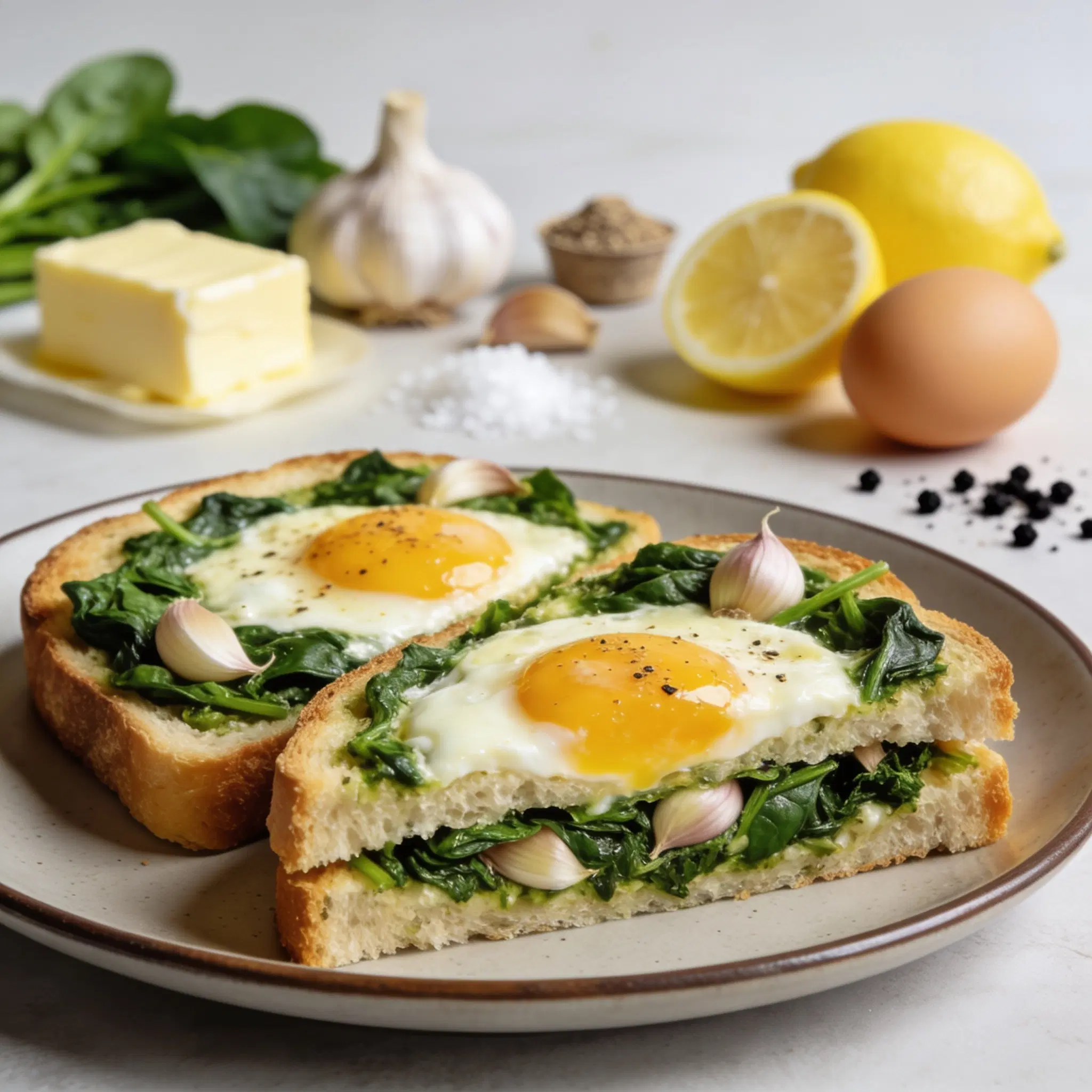Tost z jajkiem sadzonym na czosnkowym szpinaku