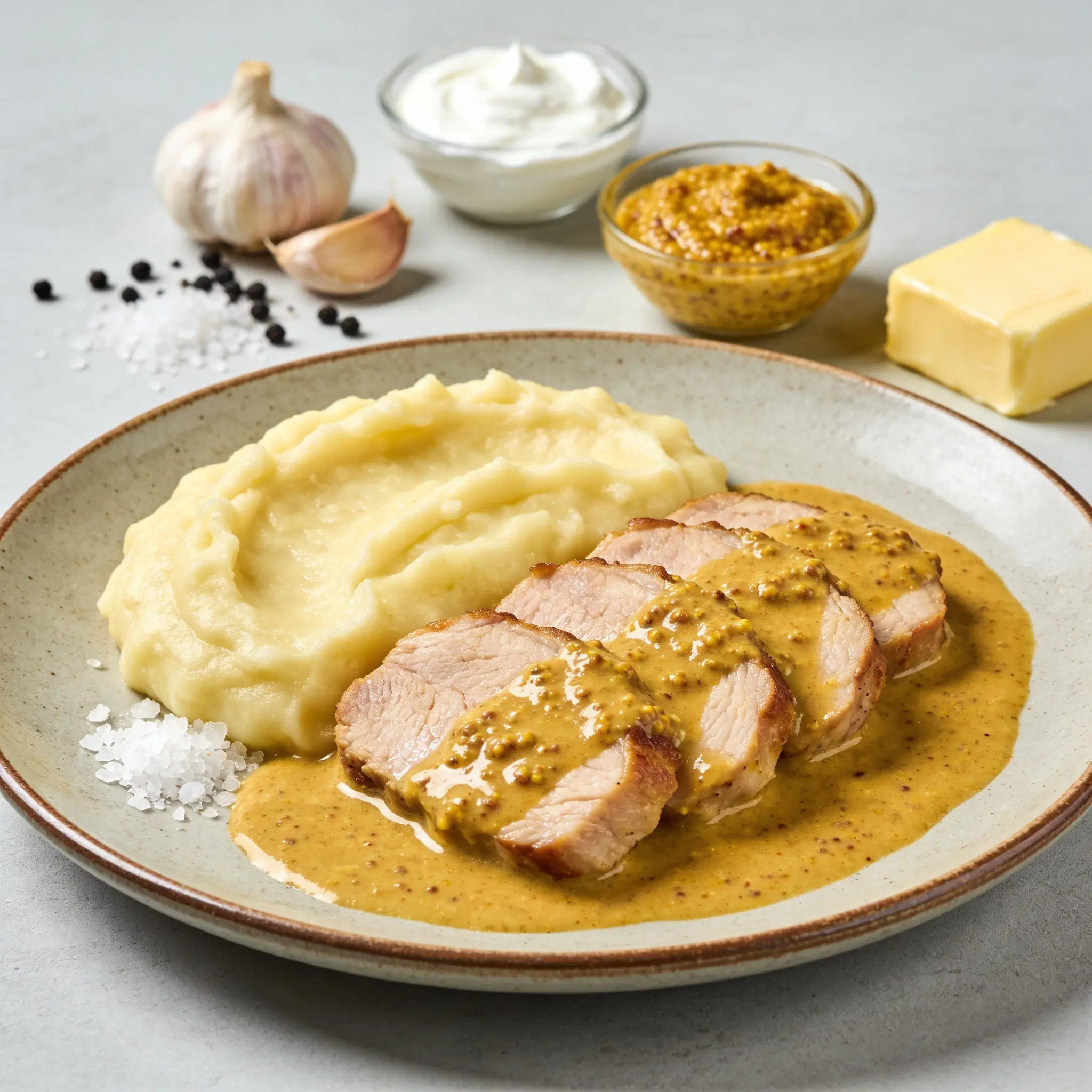 Schab w sosie musztardowym z puree ziemniaczanym