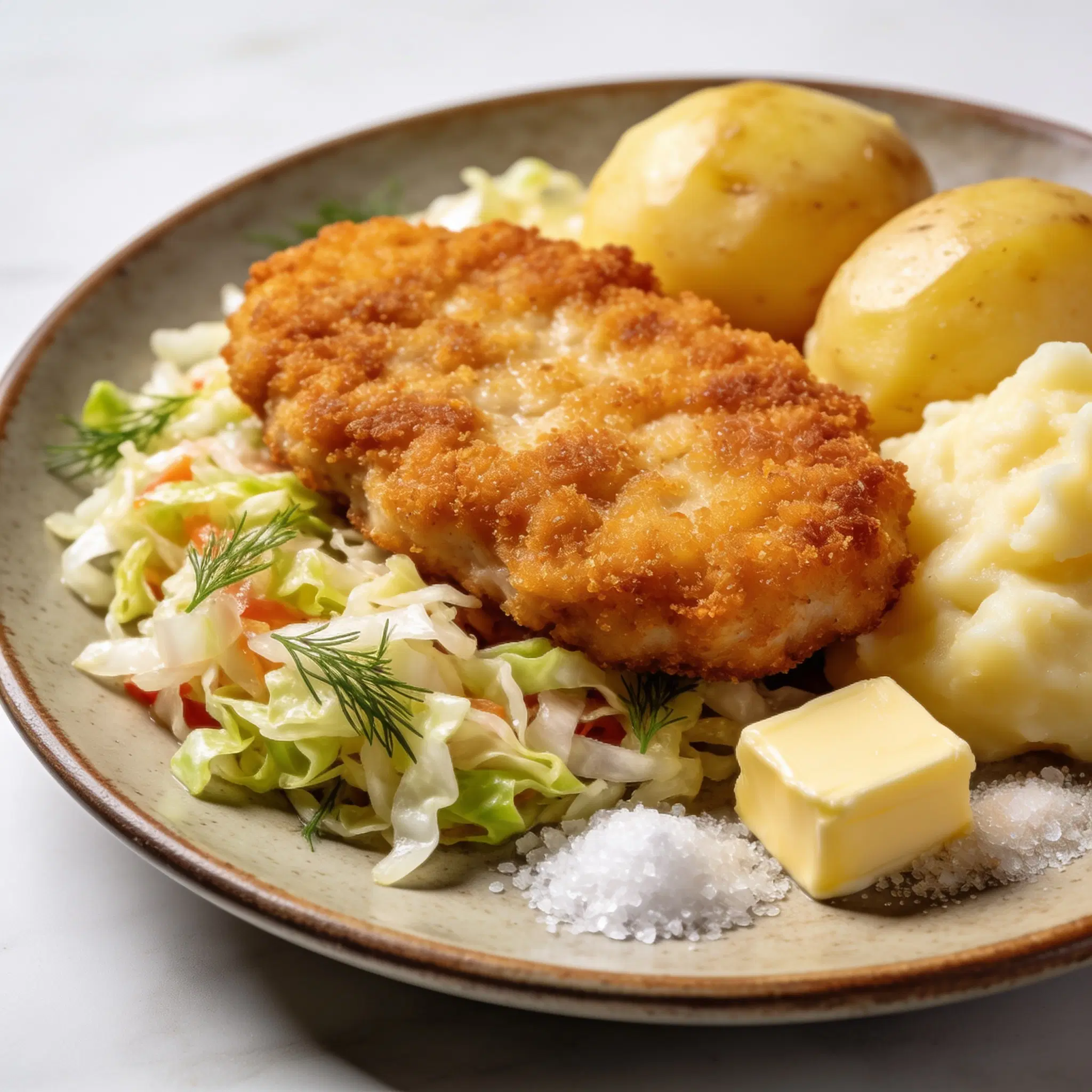 Kotlet w panierce z ziemniakami i surówką z kapusty