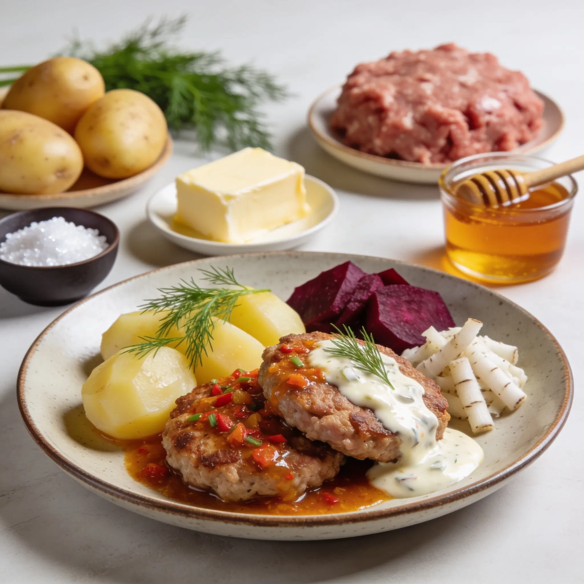 Kotlet mielony z maslanymi ziemniakami i pikantną surówką