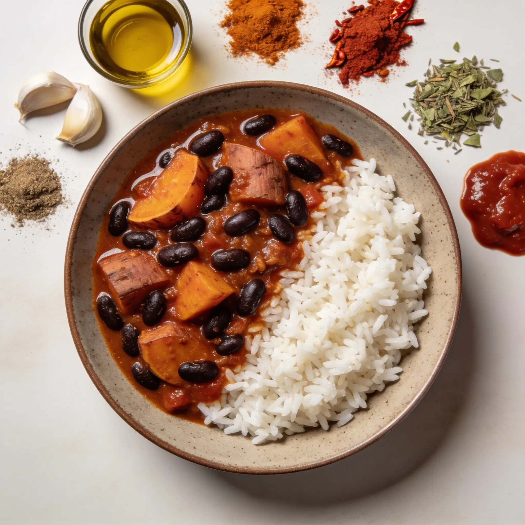 Chili z batatami i czarną fasolą na ryżu