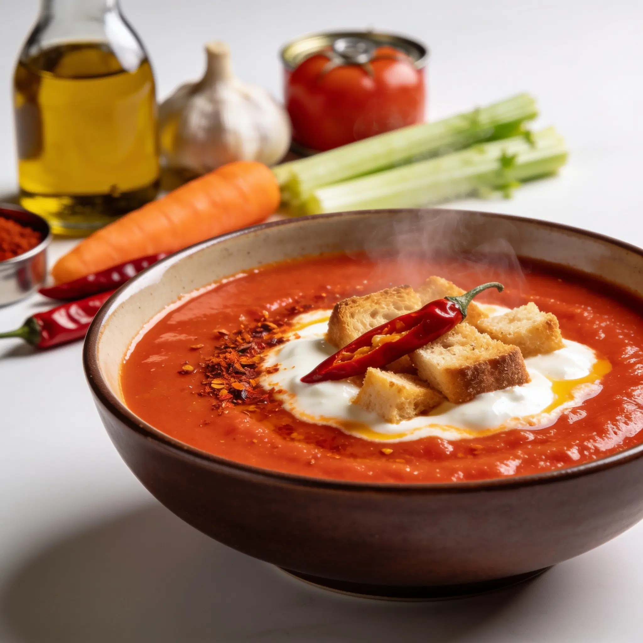 Pikantny krem pomidorowy z białkiem, chili i grzankami