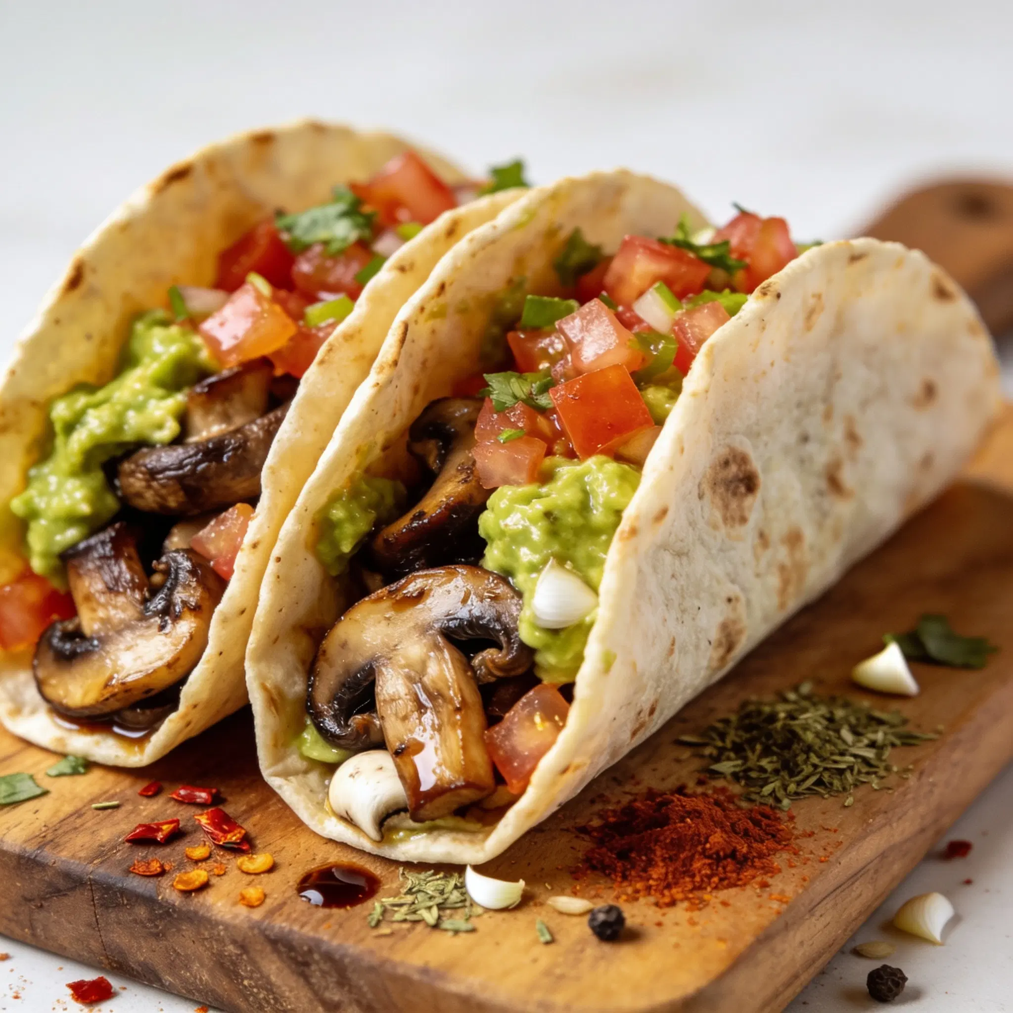 Tacos z karmelizowanymi pieczarkami taco, guacamole i pico de gallo