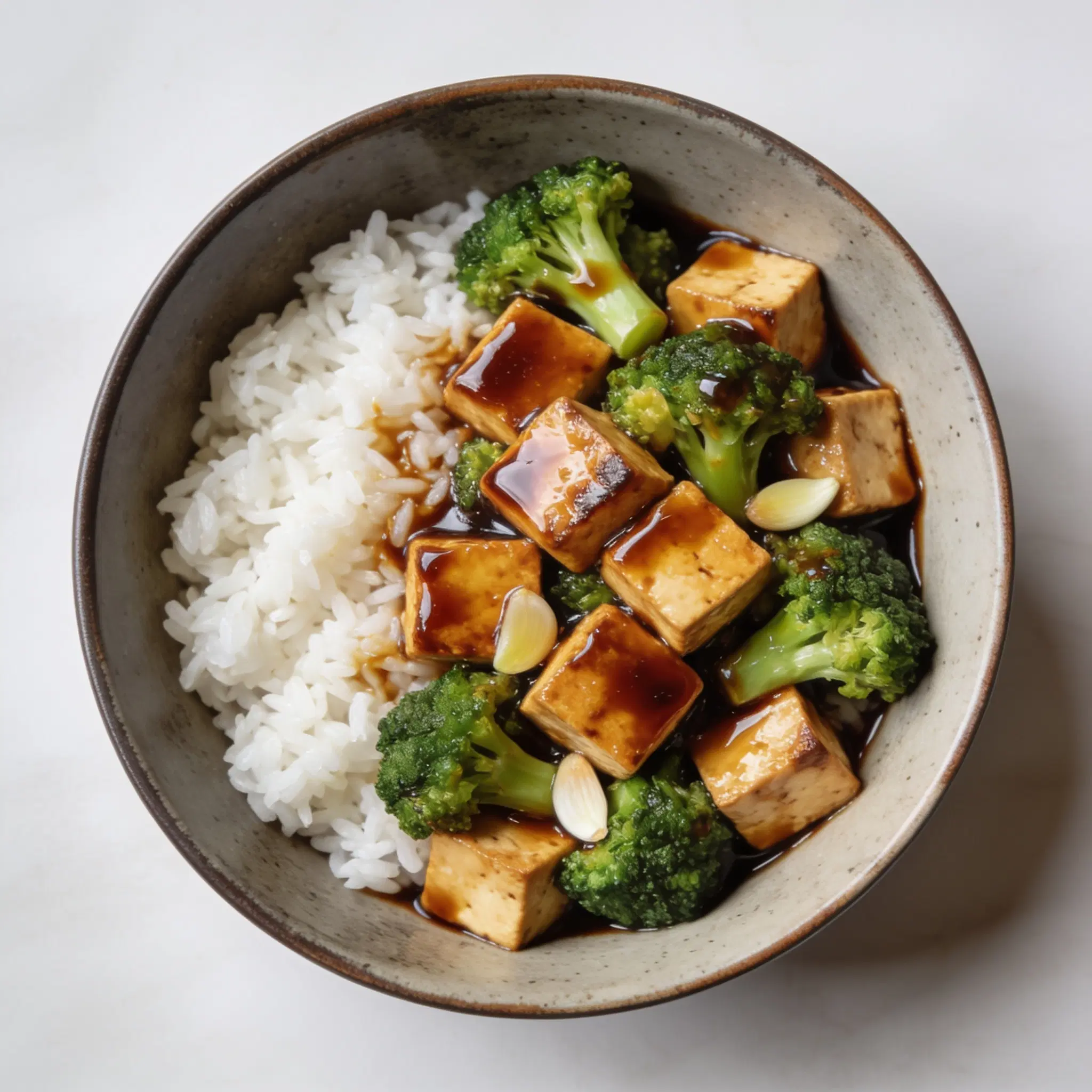 Tofu teriyaki z ryżem i brokułem