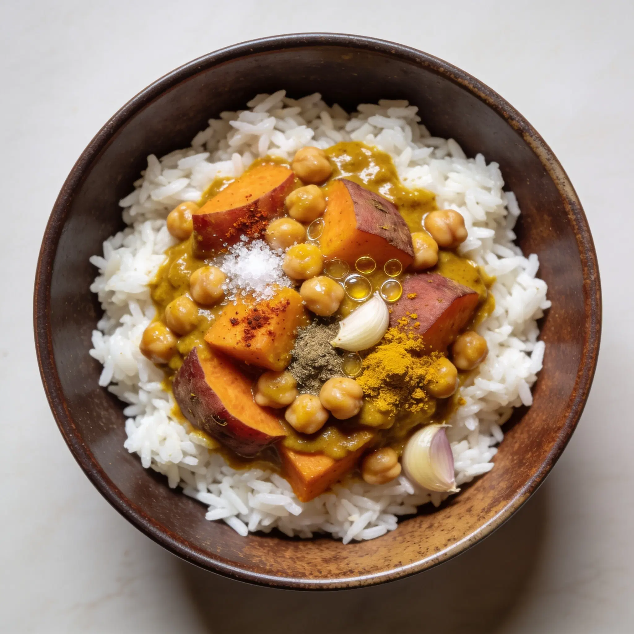 Curry z batatami i ciecierzycą na ryżu