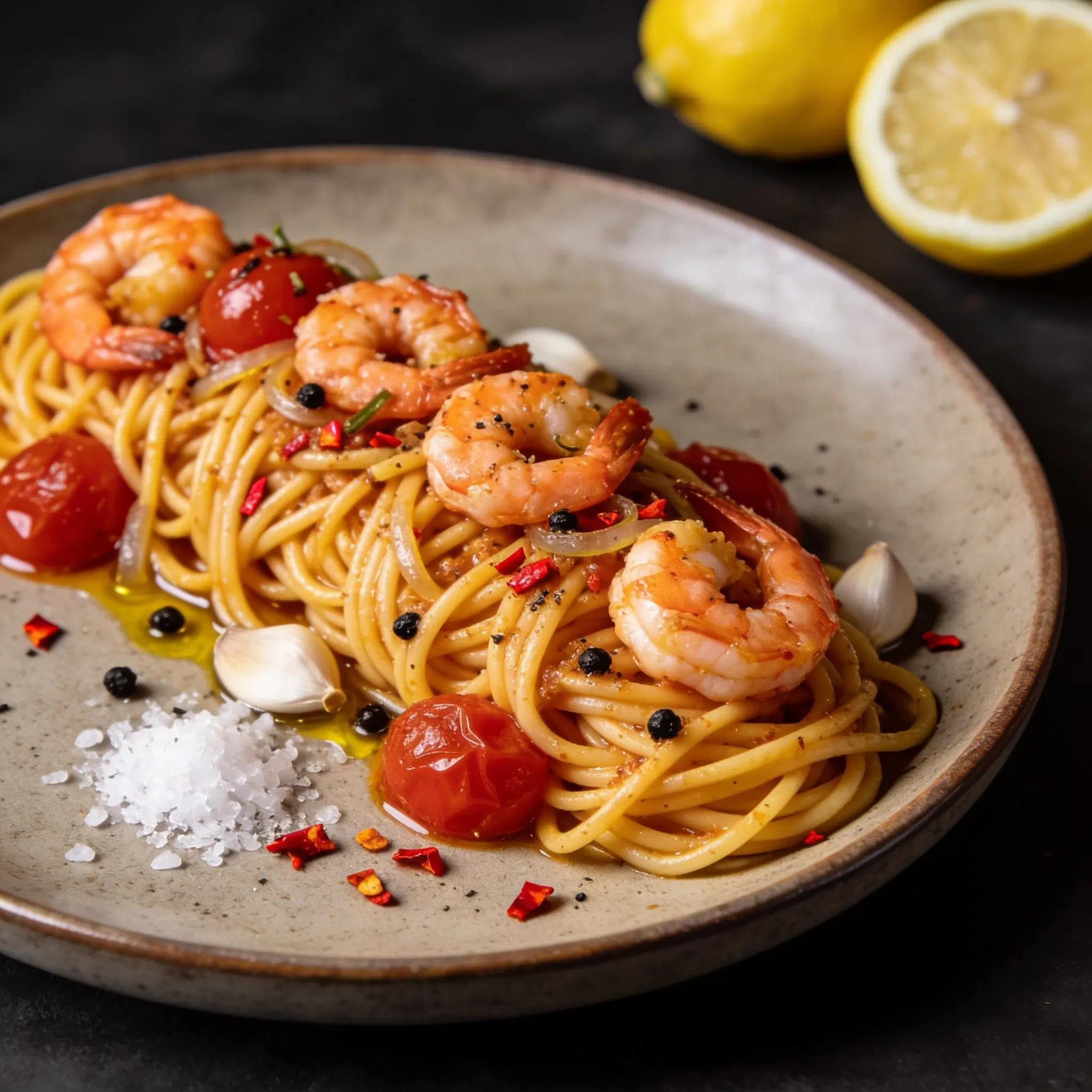 Pikantny makaron aglio olio z rumianymi pomidorkami