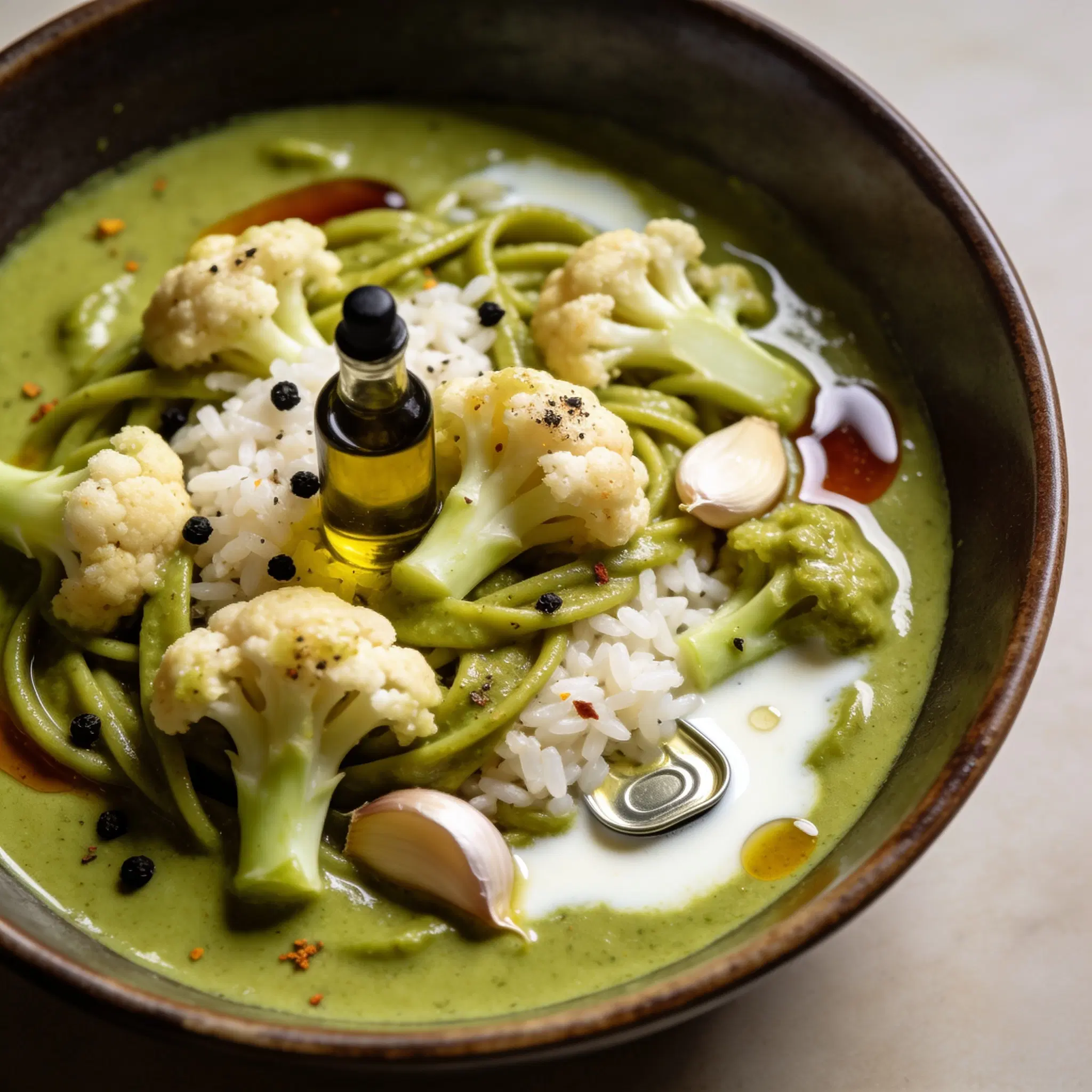 Zielone curry z warzywami i ryżem z kalafiora