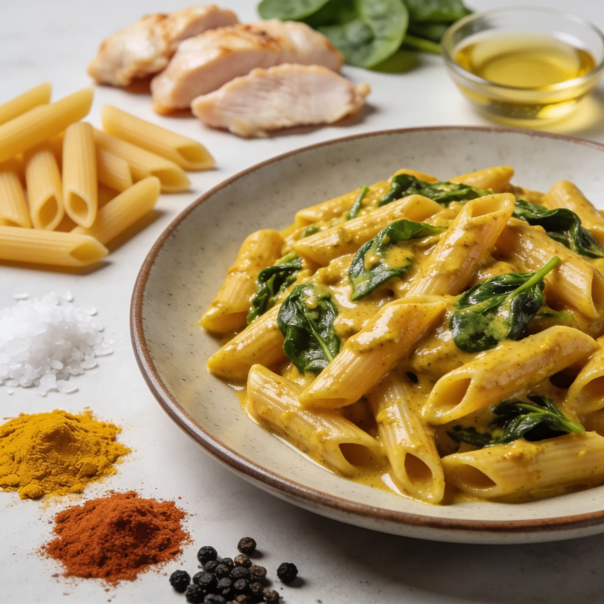 Penne w kokosowym sosie curry ze szpinakiem